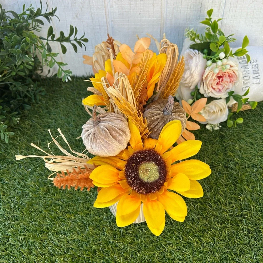 Sunflower and Pumpkin Centerpiece with ivory ceramic vase new